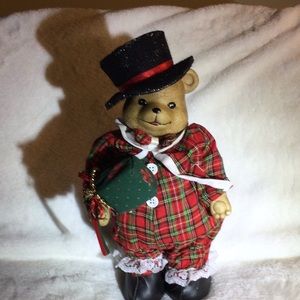 Vintage Christmas Musical Wind up Ceramic Bear with cloth dress boy bear